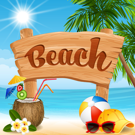 Vector illustration - wooden banner, coconut cocktail and ball on a beachのイラスト素材
