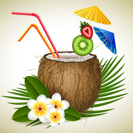 Vector illustration - coconut tropical cocktail and flowersのイラスト素材