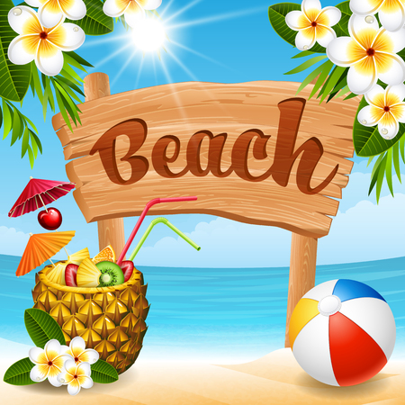 Vector illustration - wooden banner, pineapple cocktail and ball on a beachのイラスト素材