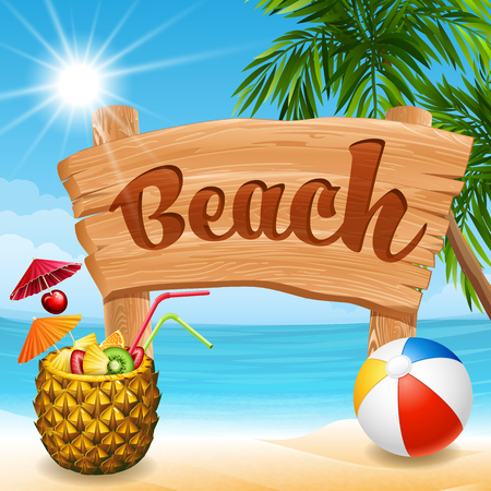 Vector illustration - wooden banner, pineapple cocktail and ball on a beachのイラスト素材