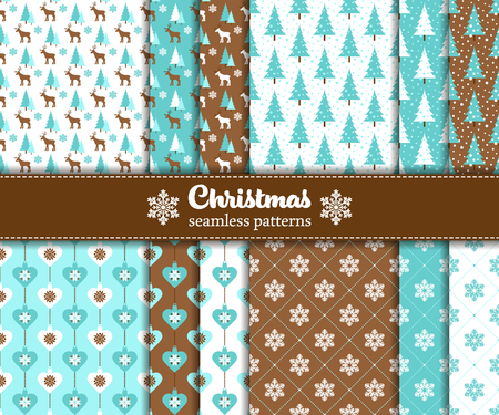 Vector illustration -  set of seamless Christmas patterns with traditional symbolsのイラスト素材
