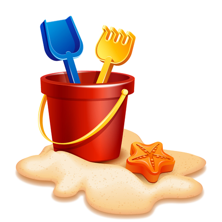 Vector illustration - Sand bucket, shovel and rake isolated on whiteの写真素材