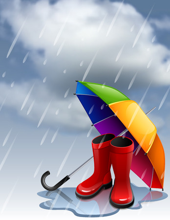 Vector illustration - Autumn background with rainbow umbrella and red gumboots. EPS 10のイラスト素材