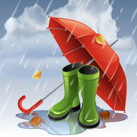 Vector illustration - Autumn background with red umbrella and green gumboots. EPS 10のイラスト素材