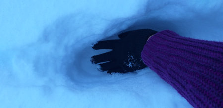 Hands of a girl in winter clothes in the snow. View from aboveの写真素材