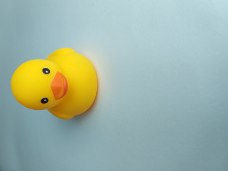 Yellow rubber duck toy on blue background. Copy space for text.の写真素材