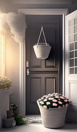 3D render of a classic interior with a basket full of flowers