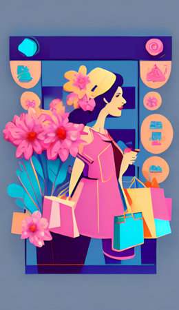 Beautiful young woman with shopping bags in the shop. Vector illustration.の素材