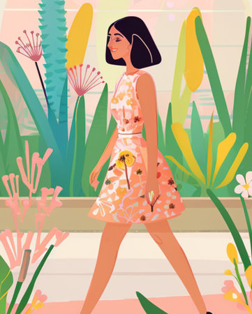 Fashion girl in floral dress posing in the garden. Vector illustrationの素材