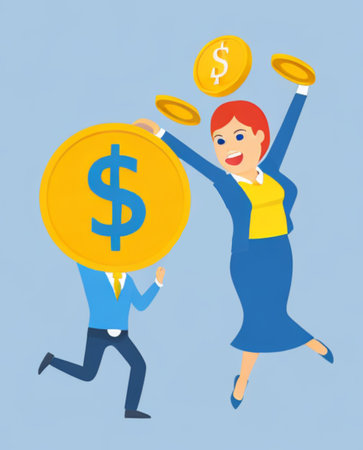 Businesswoman holding gold dollar coin on blue background. Vector illustration.の素材