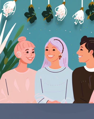 Couple of young people sitting at a table. Vector illustration.の素材