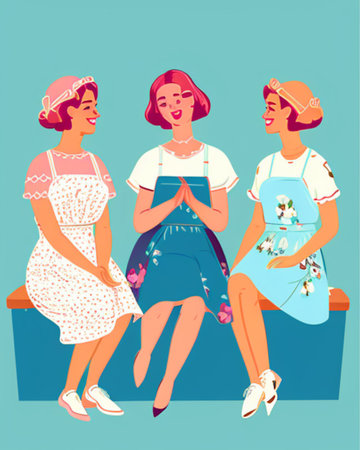 Three young women sitting on bench and reading book. Vector illustration.の素材
