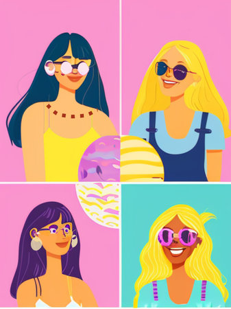 Set of girls with sunglasses. Vector illustration in flat cartoon style.の素材