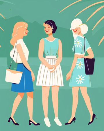 Women walking in the park. Vector illustration in flat cartoon style.の素材