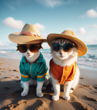 Two cats wearing sunglasses and hats sitting on the sand at the beachの素材