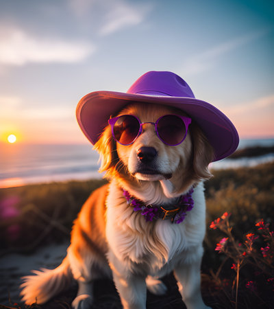 Cute golden retriever dog in hat and sunglasses on the beach at sunsetの素材