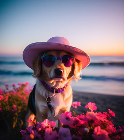 Cute dog in pink hat and sunglasses on the beach at sunset.の素材