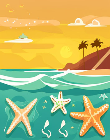 Sea landscape with starfishes and palm trees. Vector illustration.の素材