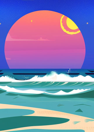 Sunset on the beach. Vector illustration of a sea landscape.の素材