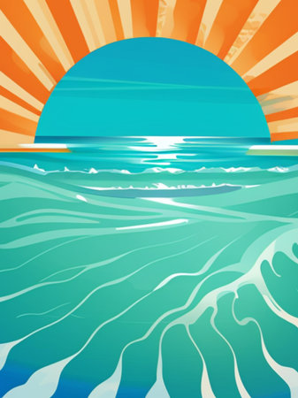 Sunset on the sea with waves and sun rays. Vector illustration.の素材