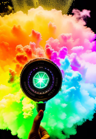 Camera lens and colorful smoke on black background. Close-up.の素材