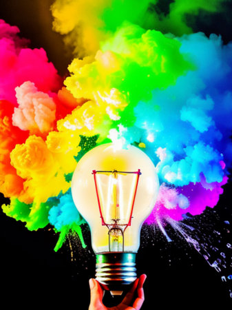 Light bulb with colorful smoke on black background. Creative idea concept.の素材