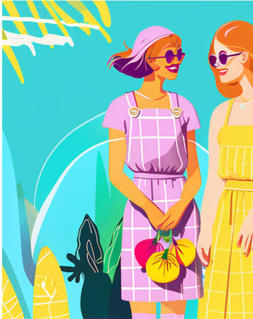 Vector illustration of two beautiful women in summer clothes on a background of tropical plantsの素材