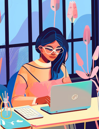 Freelance woman working at home. Freelance and remote work. Vector illustrationの素材