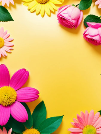Flowers composition. Frame made of flowers on yellow background. Flat lay, top view, copy spaceの素材
