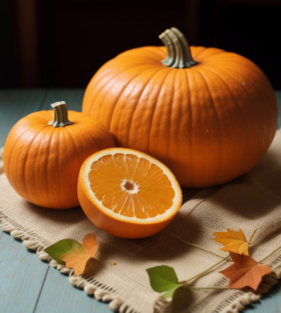 Pumpkin and orange on a blue wooden background. Selective focus.の素材