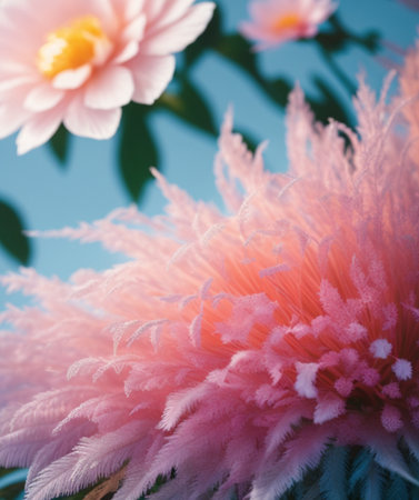 Pink and white flowers on blue background, soft focus, retro tonedの素材
