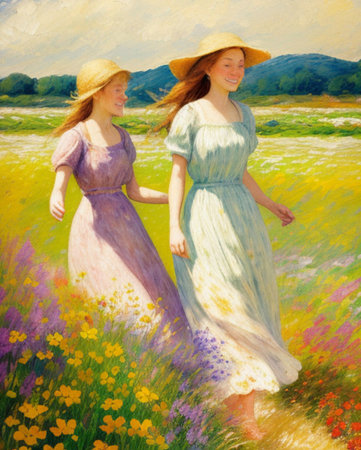 Two beautiful girls in a field of flowers. Painting on canvas.の素材