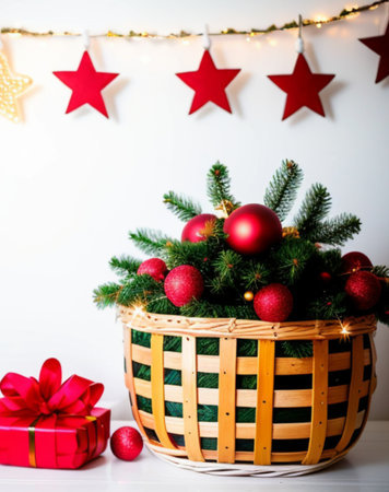 Christmas decoration with red balls in basket on white background with garland lightsの素材
