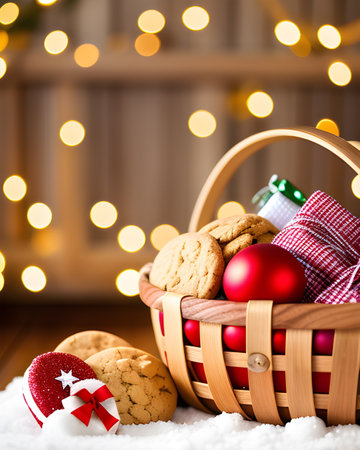 Christmas cookies in a basket on a wooden background with bokehの素材