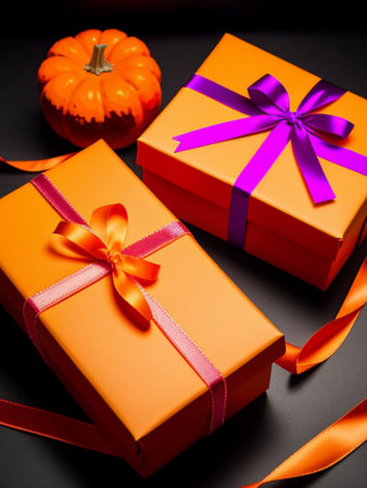 Gift boxes with ribbons and pumpkins on black background.の素材