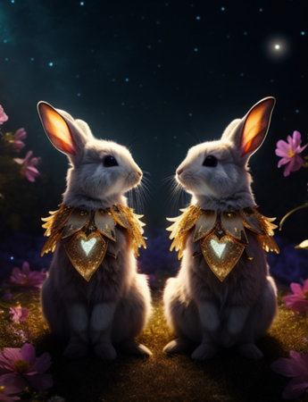 Two white rabbits with golden earrings on the background of the starry skyの素材