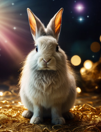 White rabbit on golden background with bokeh lights and stars.の素材