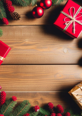 Christmas background with fir branches, red balls and gifts on wooden boardの素材