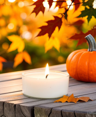 Autumn still life with burning candle and pumpkin on wooden table outdoorsの素材