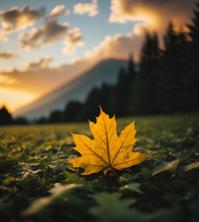 Autumn maple leaf on the background of Mountainの素材