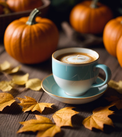 Coffee cup with latte art and pumpkins on wooden tableの素材