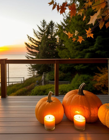 Pumpkin and candles on the terrace in the autumn.の素材