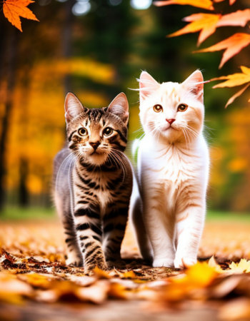 Two cats on the autumn leaves background. Cute kitty.の素材