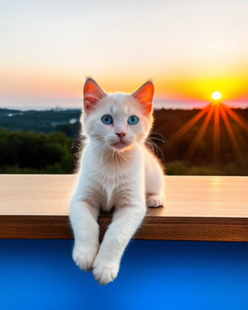Cute white kitten with blue eyes sitting on the balcony and looking at the sunsetの素材
