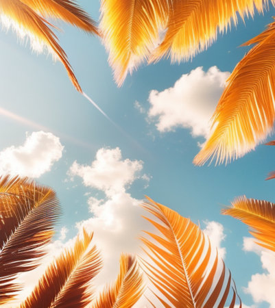 Tropical palm leaves on blue sky background. Copy space.の素材
