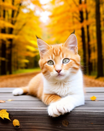 Beautiful ginger cat lying on a wooden table in the autumn forestの素材