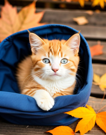 Cute ginger kitten with blue eyes in blue hat on autumn leaves backgroundの素材