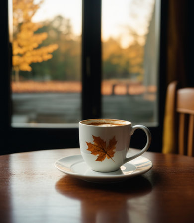 Coffee cup with autumn leaf on wooden table in coffee shopの素材