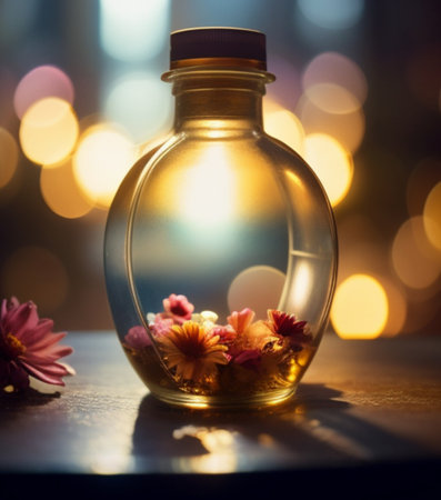 Aromatherapy oil in glass bottle with flower and bokeh backgroundの素材