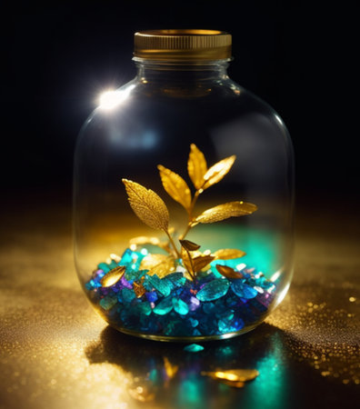 Small plant in a glass jar on a black background. Selective focus.の素材